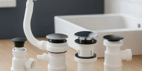 Ensemble de bondes de silicone pour évier, avec tuyau de vidange flexible et bouchons noirs et chromés.