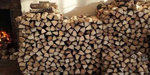 Gros tas de bois de chauffage empilés, prêts à être utilisés dans la cheminée. L'image montre une grande quantité de bois coupé, parfait pour stocker le bois de chauffage.