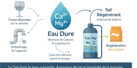 Schéma expliquant le rôle du sel régénérant dans un lave-vaisselle pour adoucir l'eau, éviter les traces et l'entartrage.