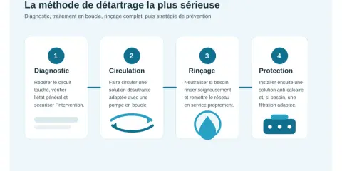 Les 4 étapes pour éliminer le calcaire : diagnostic, circulation d'une solution détartrante, rinçage et protection anti-calcaire.