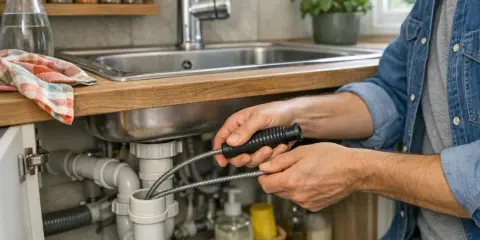 Un homme utilise une aiguille pour déboucher canalisation sous un évier de cuisine. L'outil flexible est inséré dans le siphon pour dégager le bouchon.