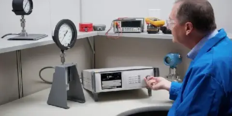Un technicien effectue l'étalonnage d'un manomètre à l'aide d'un appareil de mesure de précision.