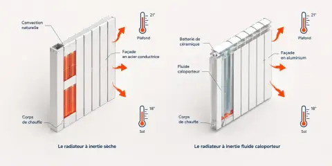 Schémas comparant deux radiateurs électriques : inertie sèche (acier) et inertie fluide (aluminium). Guide pour comment choisir son radiateur electrique.