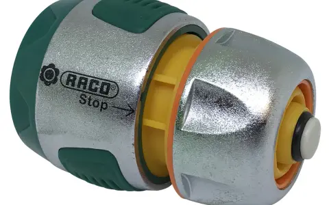 Raccord 3 pièces RACO Stop, un connecteur rapide pour tuyau d'arrosage, avec des parties vertes, argentées et jaunes.