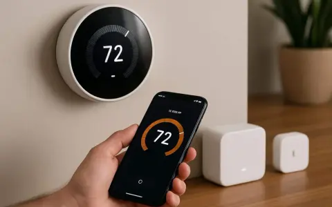 Thermostat intelligent contrôlé par smartphone, un exemple de domotique. La température est réglée à 72 degrés.