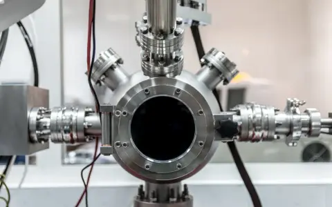 Gros plan sur un équipement de laboratoire complexe, avec une bride tournante inox au centre, connectée à divers tuyaux et raccords métalliques.