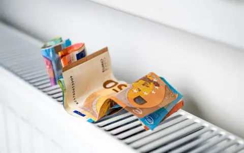 Des billets en euros pliés sur un radiateur blanc, symbolisant le coût élevé du chauffage et la **consommation** du **radiateur hors gel**.