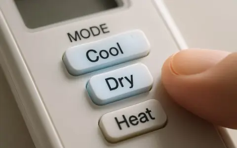 Doigt appuyant sur le bouton "Cool" d'une télécommande clim, offrant le choix entre clim heat ou cool.
