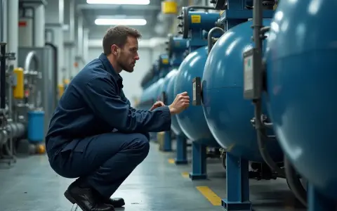 Un technicien en combinaison bleue effectue une prise d'échantillon sur de grandes cuves bleues dans une usine.