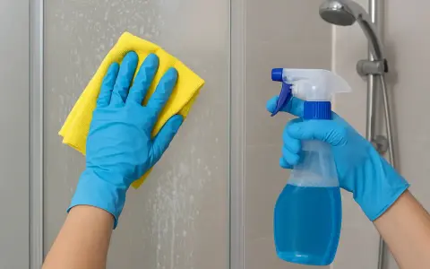 Mains gantées en bleu nettoient une paroi de douche entartrée avec un chiffon jaune. Un spray bleu est prêt à enlever le calcaire douche.