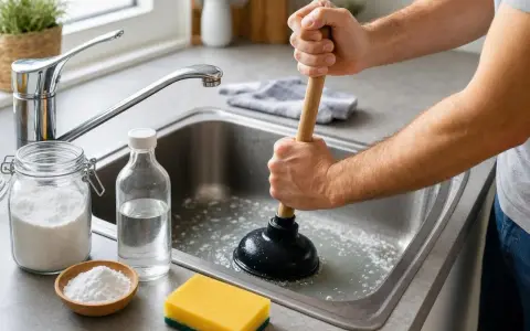 Un homme utilise une ventouse pour essayer de déboucher un évier, mais c'est impossible de déboucher les toilettes. Du bicarbonate de soude et du vinaigre sont à proximité.