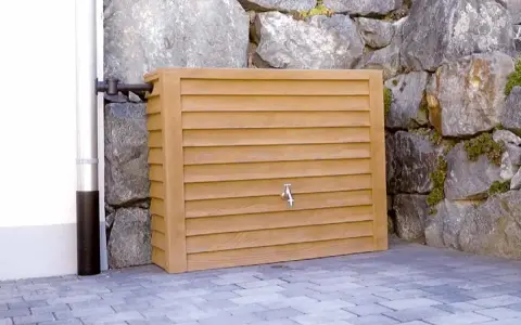 Un récupérateur d'eau de pluie en bois, discret et esthétique, prêt à être installé. Idéal pour fabriquer un système écologique.