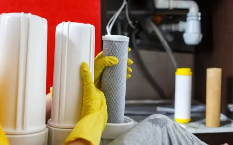 Mains de gant jaune manipulant un filtre pour le nettoyage résine adoucisseur d'eau.