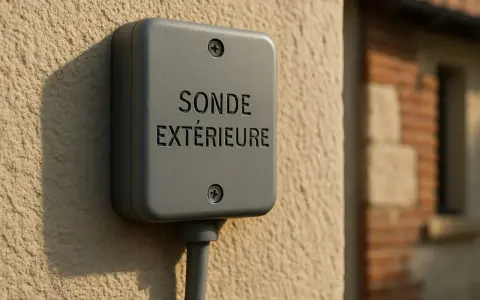Boîtier gris fixé au mur, marqué "SONDE EXTÉRIEURE". Un câble en sort.