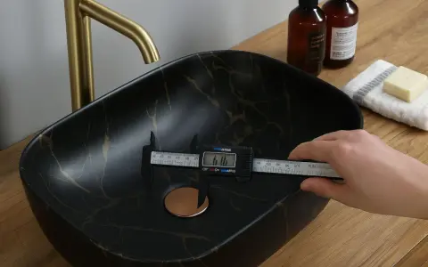 Mesure du diamètre de la bonde universelle d'un lavabo noir marbré d'or.