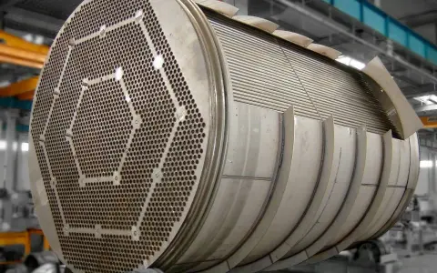 Gros plan sur un échangeur tubulaire inox, montrant sa plaque tubulaire perforée et son faisceau de tubes.
