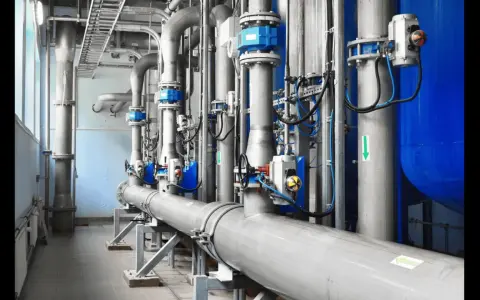 Système de tuyauterie industrielle avec plusieurs vannes à bride bleues et grises, contrôlant le flux dans une usine.