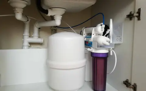 Système de filtration d'eau sous évier avec réservoir et cartouche violette. Installation pour l'évacuation adoucisseur d'eau.