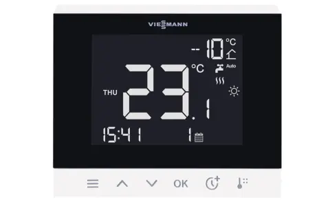 Thermostat Viessmann affichant 23.1°C, idéal pour une pompe à chaleur. Température extérieure -10°C.