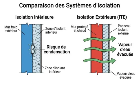 Comparaison isolation intérieure/extérieure. L'isolation intérieure présente un risque de condensation dû à l'effet paroi froide. L'ITE évacue la vapeur d'eau.