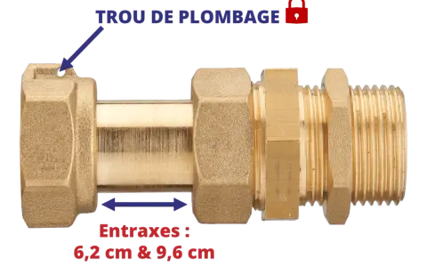 Pièce de plomberie en laiton, un raccord sphérique avec un trou de plombage et des indications d'entraxes.