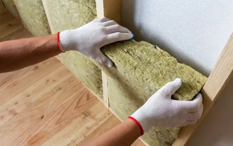 Mains gantées insèrent un isolant dans une structure en bois pour isoler sa maison.