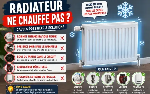 Radiateur froid : causes possibles (robinet, air, boue ou tartre dans le circuit) et solutions. Entretien régulier pour éviter les problèmes.