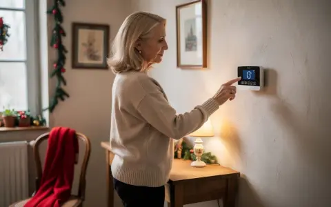 Une femme ajuste le thermostat pour maintenir la température hors gel de sa maison. L'écran affiche 13°C.