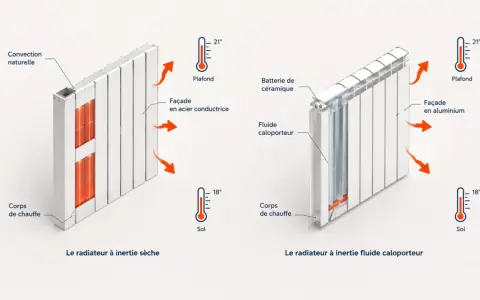 Schémas comparant deux radiateurs électriques : inertie sèche (acier) et inertie fluide (aluminium). Guide pour comment choisir son radiateur electrique.