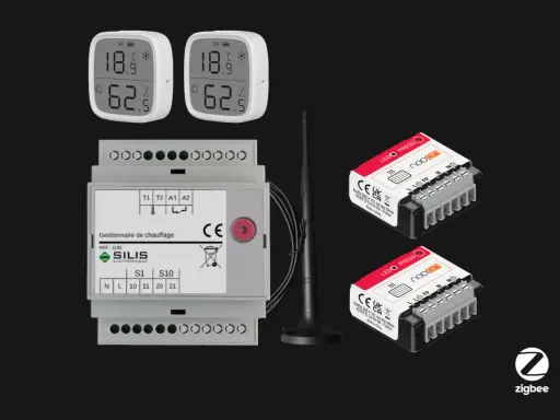 Gestionnaire de chauffage et capteurs pour une commande chauffage à distance sans internet. Le système utilise la technologie Zigbee.