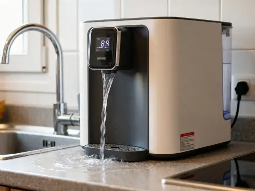 Un purificateur d'eau moderne verse de l'eau dans un évier de cuisine. L'appareil affiche "8.9" sur son écran numérique.