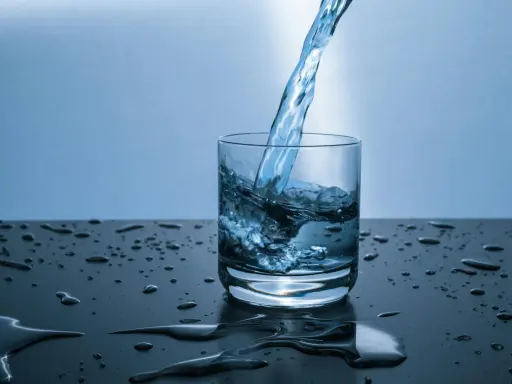 Un jet d'eau de source calcaire tombe dans un verre, créant des éclaboussures. Des gouttes d'eau parsèment la surface sombre.