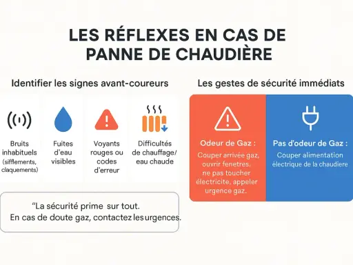 Guide sur les réflexes en cas de panne de chaudière fioul : bruits inhabituels, fuites, voyants rouges, difficultés de chauffage. Que faire si la chaudière fioul démarre puis s'arrête.