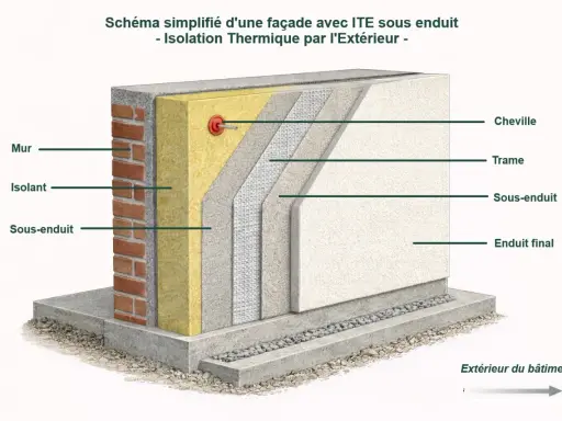 Coupe d'un mur montrant l'isolation thermique par l'extérieur (ITE) : mur, isolant, sous-enduit, trame, cheville, enduit final.