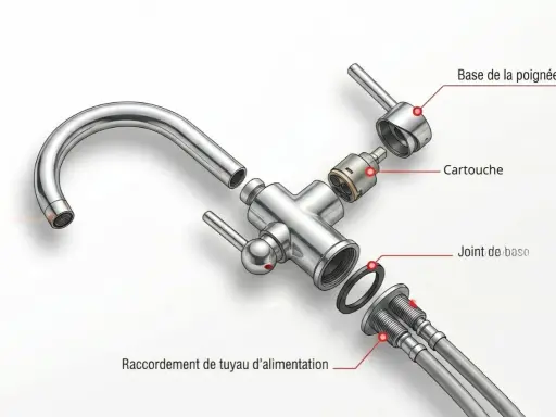 Vue éclatée d'un robinet, montrant la cartouche et le raccordement du tuyau d'alimentation. Un robinet qui goutte peut être dû à une cartouche défectueuse.