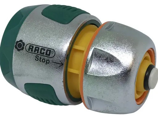 Raccord 3 pièces RACO Stop, un connecteur rapide pour tuyau d'arrosage, avec des parties vertes, argentées et jaunes.