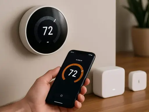 Thermostat intelligent contrôlé par smartphone, un exemple de domotique. La température est réglée à 72 degrés.