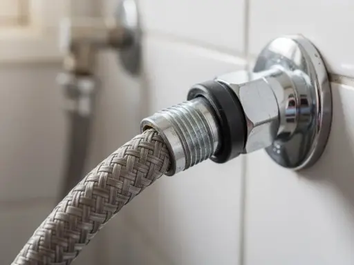 Gros plan sur un raccord double en métal chromé, connectant un tuyau tressé à une valve murale.