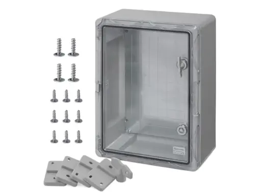 Coffret PVC transparent avec porte verrouillable, accompagné de vis et de supports de fixation. Idéal pour protéger vos équipements.