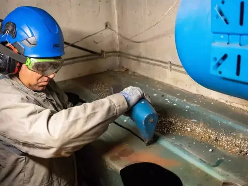 Un ouvrier en casque bleu et lunettes effectue l'inertage d'une cuve, utilisant un outil pour nettoyer la surface.