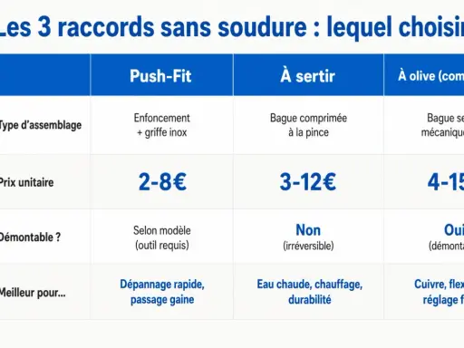 Tableau comparatif des raccords sans soudure : Push-Fit, à sertir, à olive. Idéal pour la plomberie sans soudure.