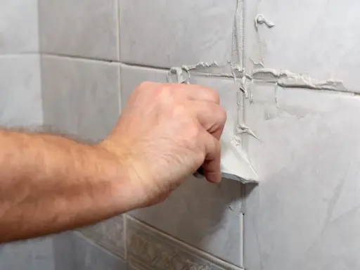 Main d'un bricoleur appliquant du mastic pour refaire joint carrelage sur un mur carrelé.