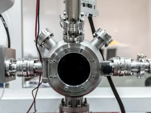 Gros plan sur un équipement de laboratoire complexe, avec une bride tournante inox au centre, connectée à divers tuyaux et raccords métalliques.
