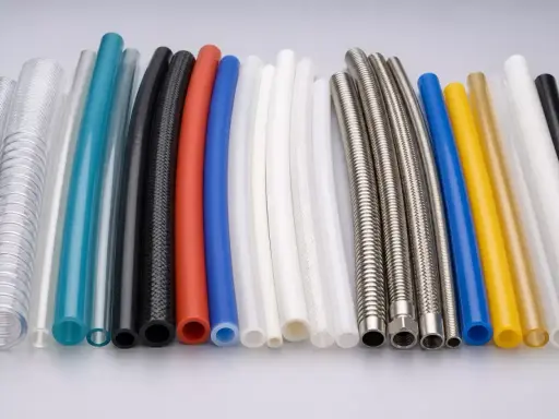 Gamme de tuyaux : transparent, bleu, rouge, noir, blanc, jaune, or et métal. Un tuyau plastique transparent est visible.