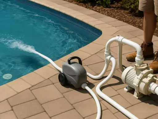 Pompe de piscine avec tuyaux et jet d'eau dans la piscine.