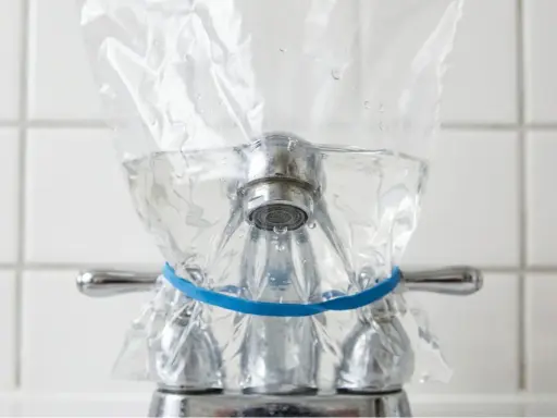 Un sac en plastique rempli d'eau est attaché à un robinet avec un élastique bleu. Une méthode pour enlever le calcaire de l'eau naturellement.