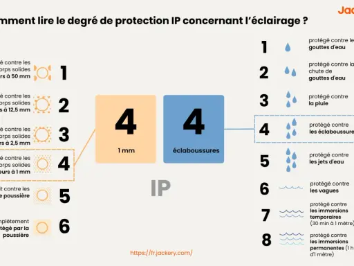 Guide IP : quel ip pour salle de bain ? Protection contre solides (1mm) et éclaboussures (4). Idéal pour un environnement humide.
