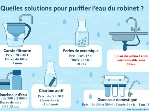 Diverses méthodes pour purifier l'eau du robinet naturellement : carafes filtrantes, perles de céramique, charbon actif, adoucisseurs, osmoseurs.