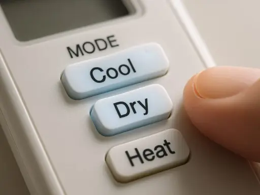 Doigt appuyant sur le bouton "Cool" d'une télécommande clim, offrant le choix entre clim heat ou cool.
