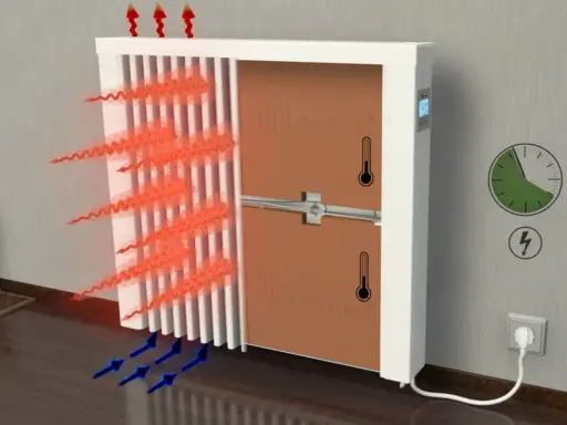 Illustration d'un radiateur diffusant de la chaleur. Pour 50m2, combien de radiateur faut-il ? L'image montre le fonctionnement d'un radiateur.